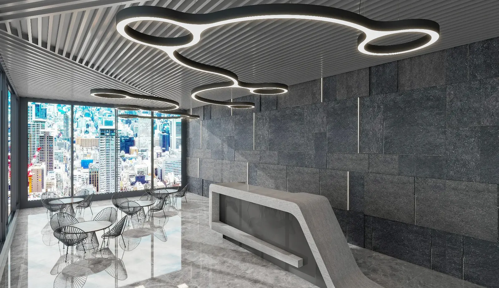 Free-form BINA S~08 pendant with connected rings over a reception counter