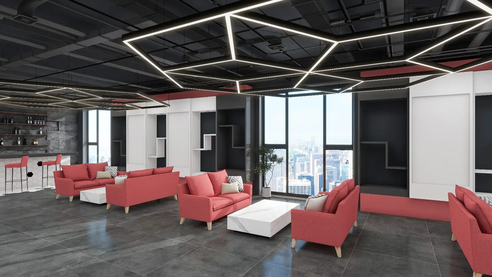 Hexagonal BINA S~08 linear runs suspended over an office lounge