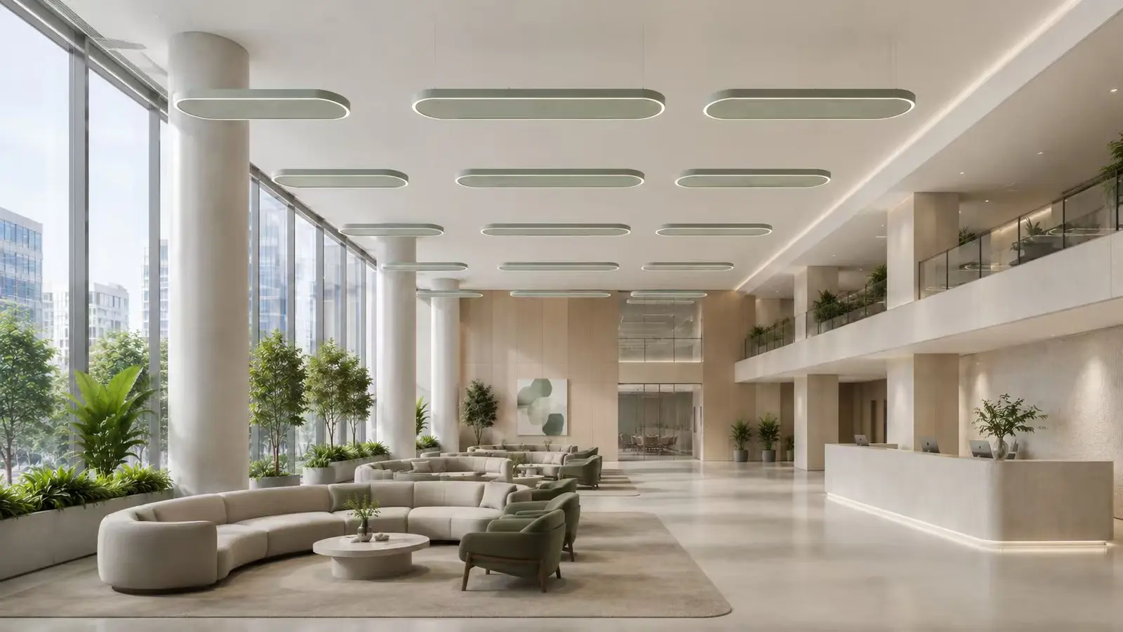 Oval linear ring pendants in a double-height corporate lobby