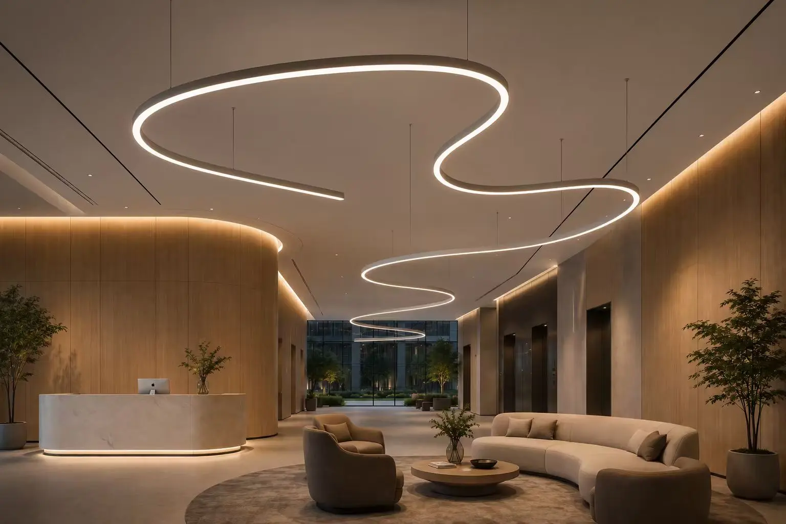 Curved linear run above a hotel lobby reception desk