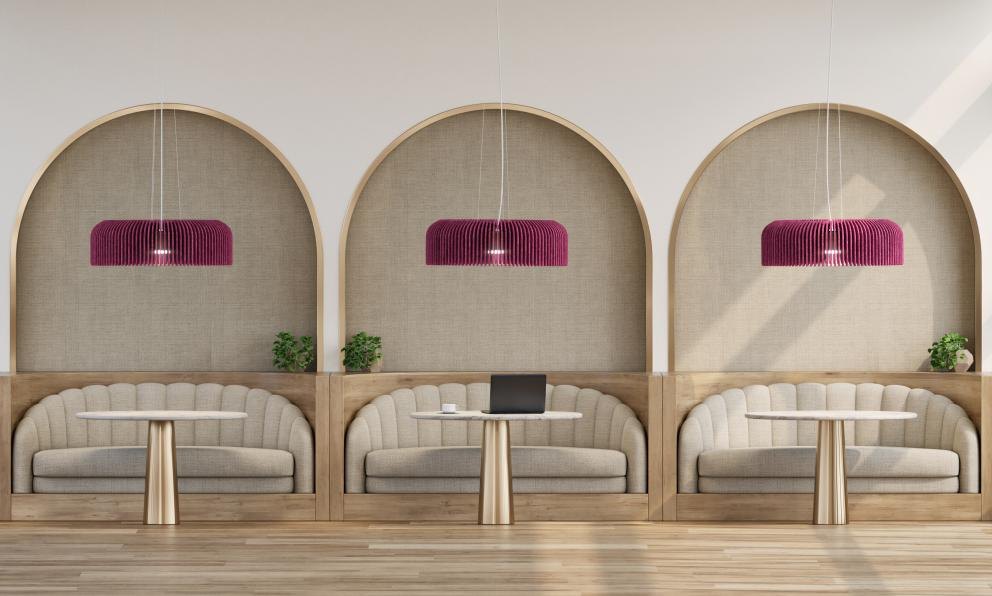 Acoustic pendants in a row of arched booths.