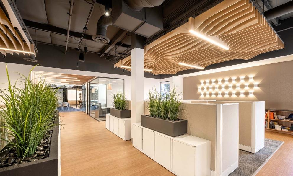 Mora Create Alpine in a wood print over a reception area.