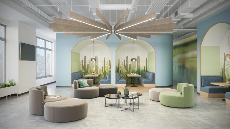 Focal Point Mora Create Radiate acoustic ceiling in a wood print over a lounge