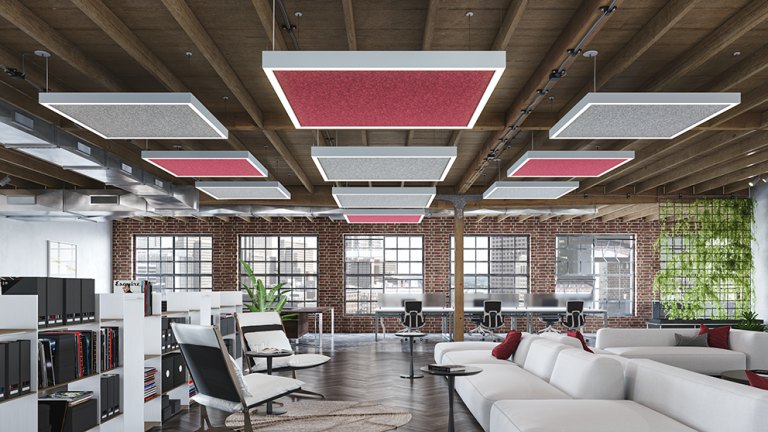Nivo Acoustic cloud in a loft office with an exposed deck.