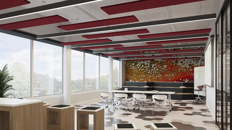 Focal Point Nivo Acoustic felt tiles and Nivo troffers at mixed drops forming a red cloud over an office