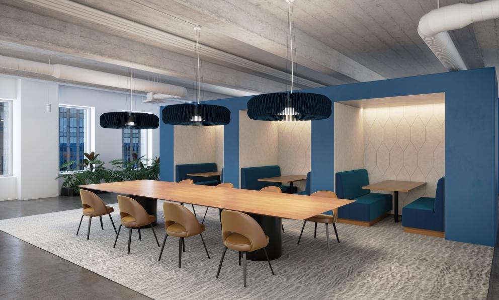 Polina acoustic pendants over a meeting table.