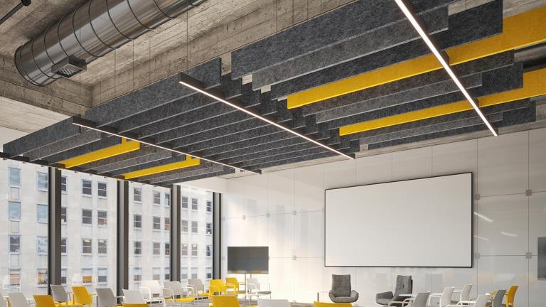 Seem 1 Acoustic lit baffles with AirCore Blade fill in two colors over an open office.