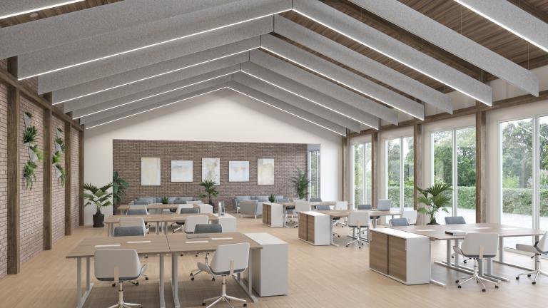 Focal Point Seem 1 Acoustic lit baffles in Natural Linen PET felt over an open office with a wood ceiling