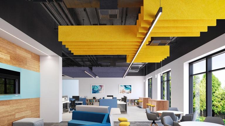 Seem Acoustic lit and unlit corners forming a rectangle pattern in a lounge.