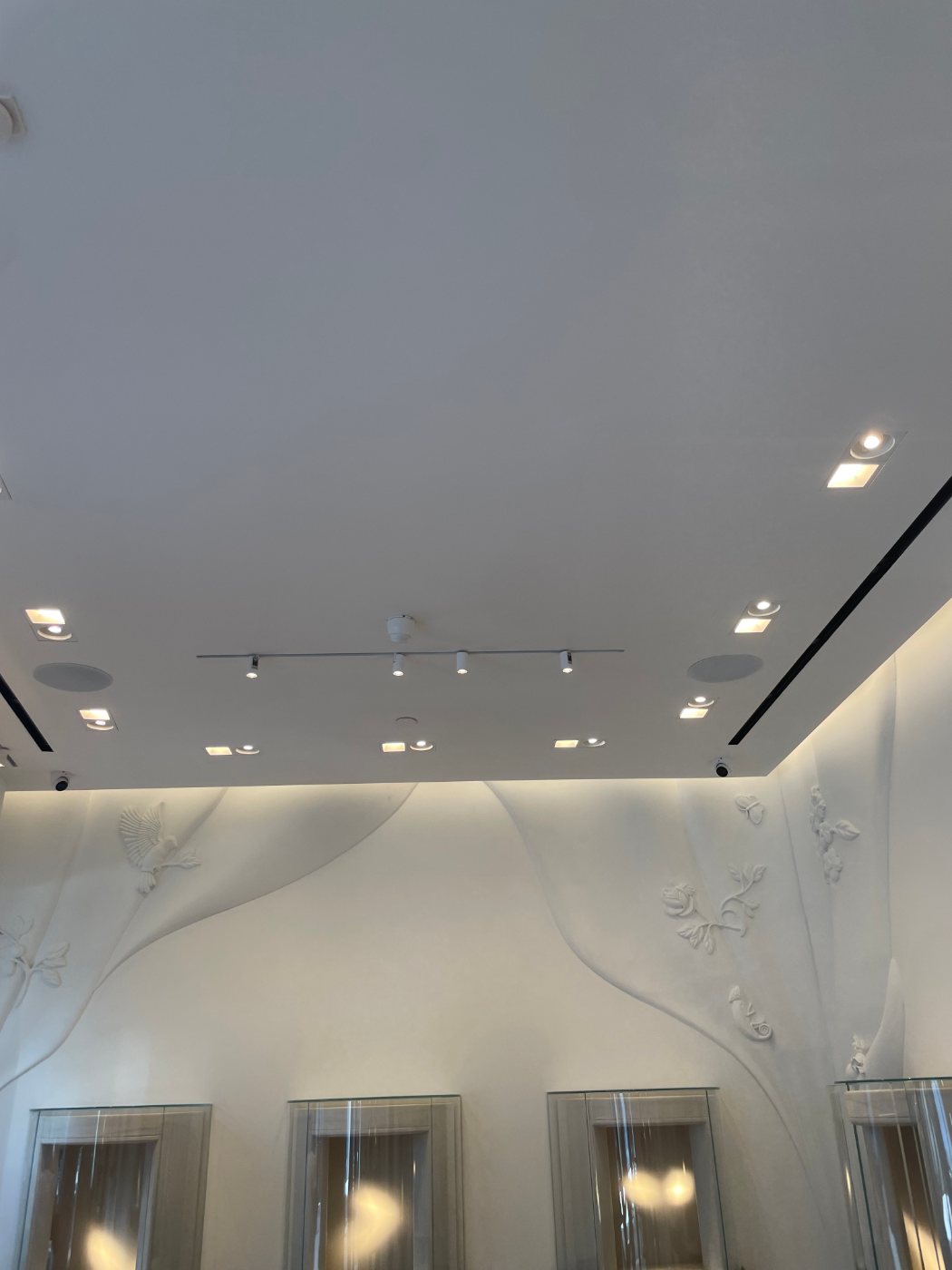 Ceiling detail at Sevan Bicakci showing square adjustable downlights and a slim white track aimed into the display cases